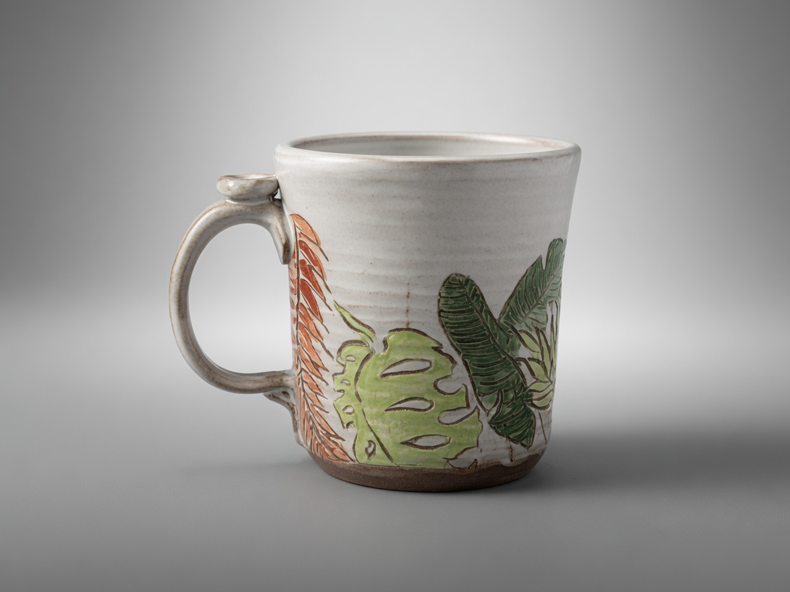Tropic Fronds handmade pottery mug by Slow Phase Clay, view 1 of 2